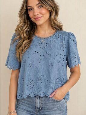 Caroline Constas Blue Puff Shoulder Short Sleeve Eyelet Blouse Size Small New